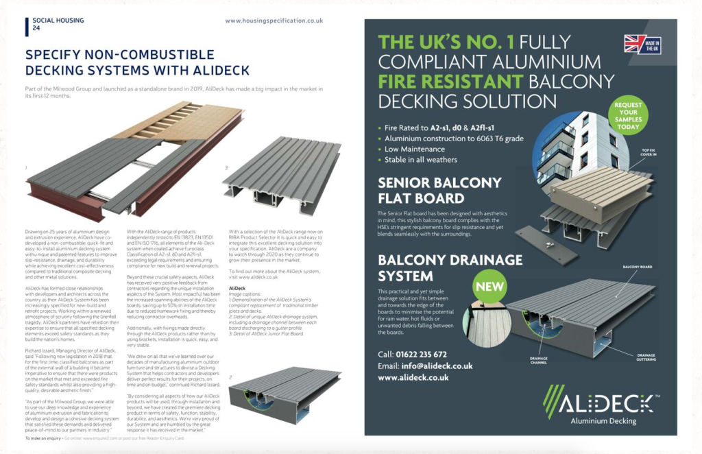 AliDeck featured in March/February issue of Housing Specification Magazine discussing our range of aluminium decking products
