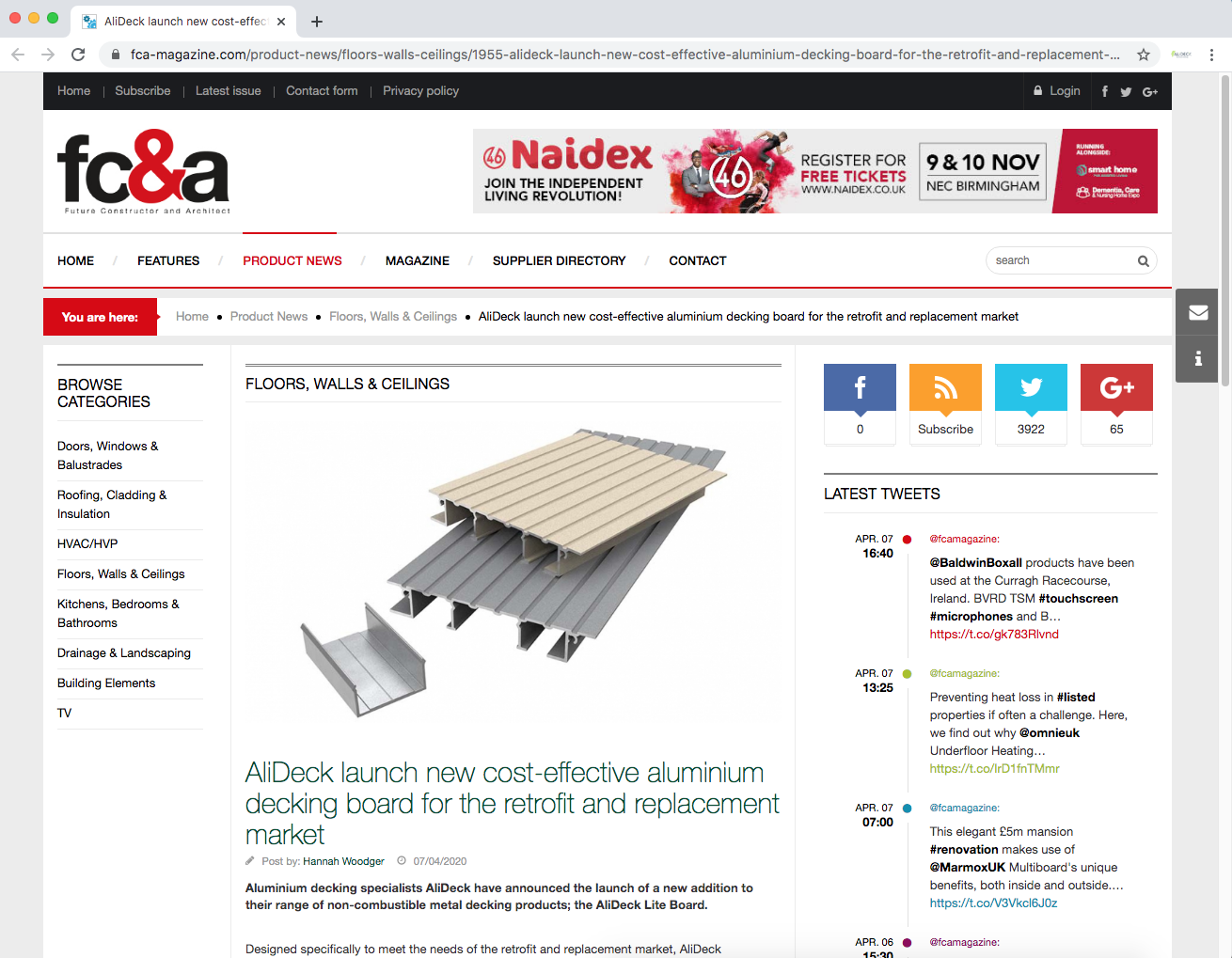 AliDeck's latest aluminium metal decking board featured in FC&A magazine