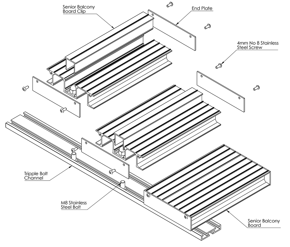 AliDeck Non-Combustible Aluminium Metal Decking Triple Bolt Channel Assembly Diagram