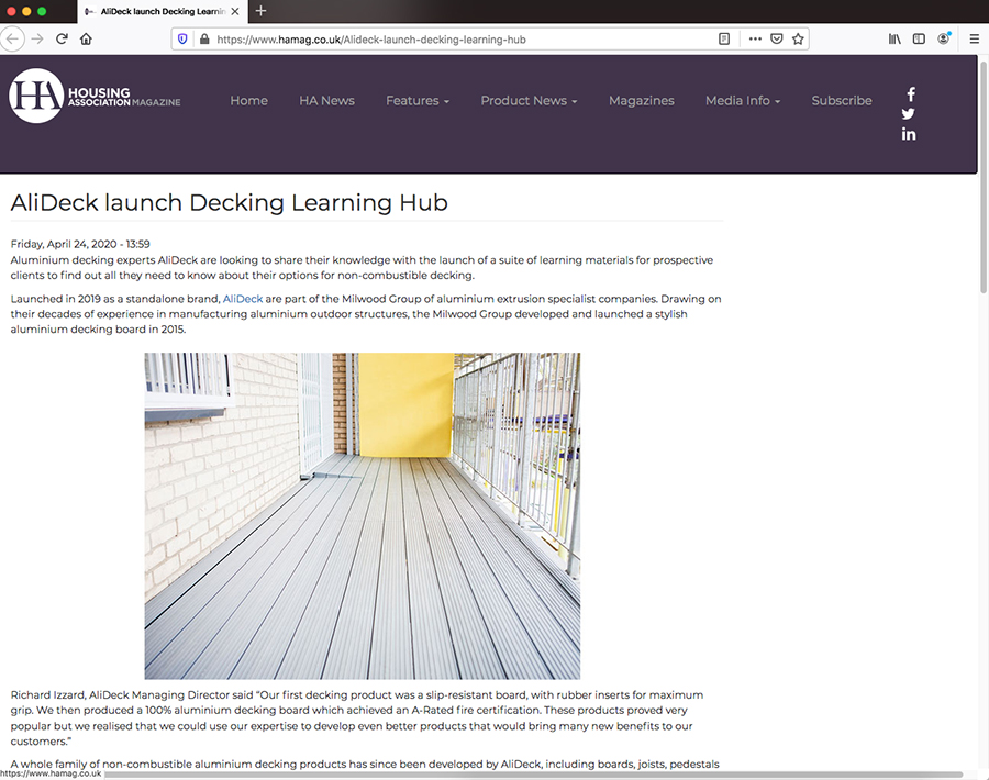 AliDeck aluminium metal decking Learning Hub featured in Housing Association Magazine