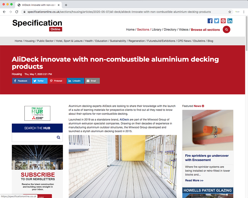 AliDeck aluminium metal decking Learning Hub featured in Specification Online