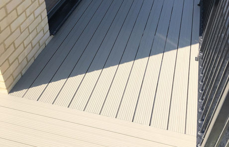AliDeck Non-combustible Aluminium metal decking installed on balconies at Stevenage development