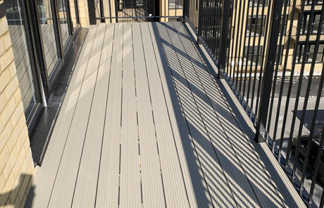 AliDeck Non-combustible Aluminium metal decking installed on balconies at Stevenage development