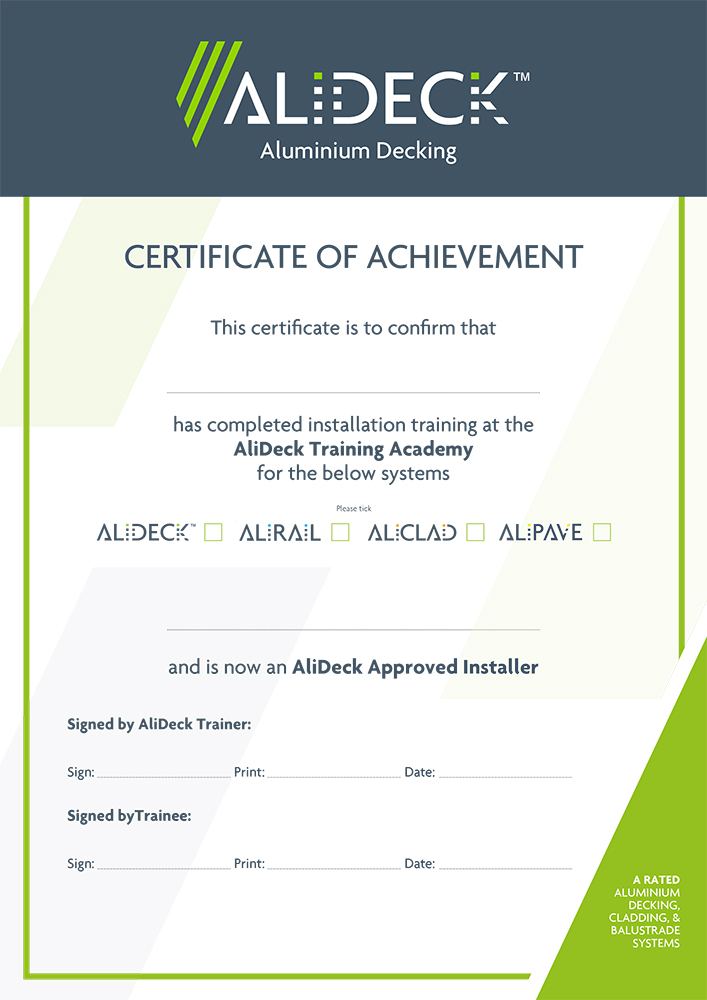 AliDeck Aluminium Decking Installation Training Certificate