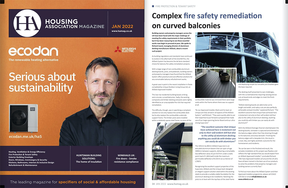 AliDeck Approved Installer Balcony Fire Safety Remediation Project featured in Housing Association Magazine