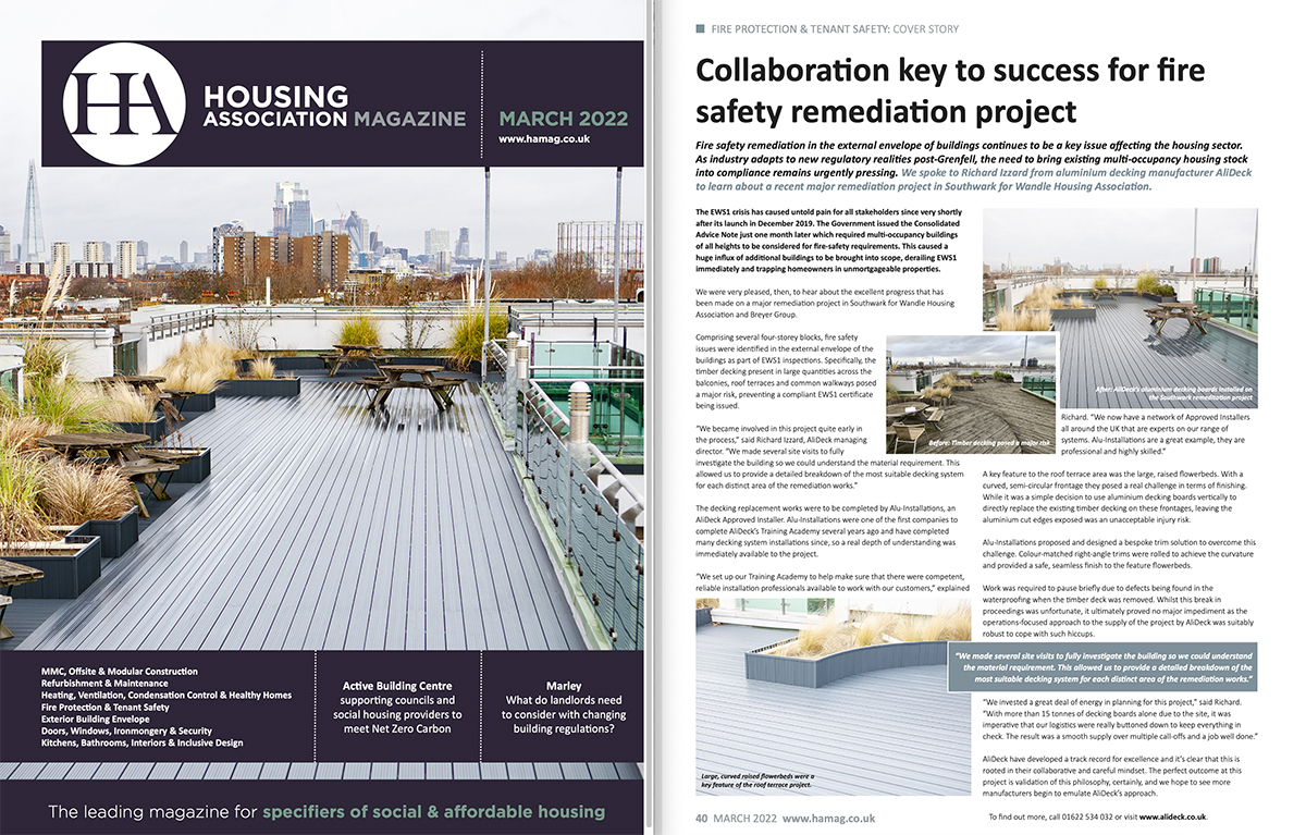 Recent AliDeck terrace fire safety remediation project in Southwark for Wandle and Breyer Group featured on front cover of March 2022 issue of Housing Association Magazine