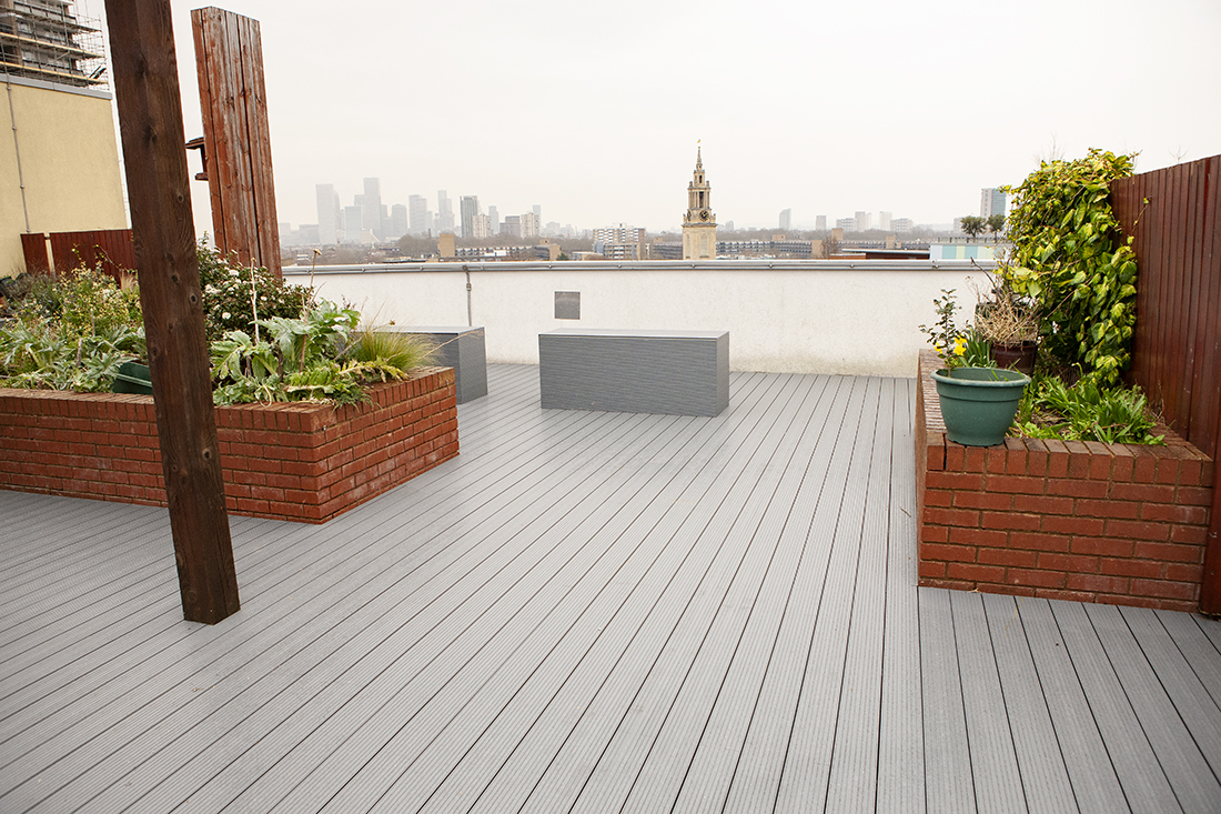 Large roof terrace decking replacement project completed in Bermondsey, London, as part of refurbishment works for The Hyde Group