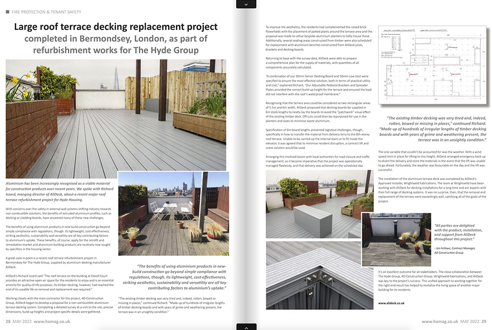 AliDeck roof terrace decking replacement project in Bermondsey, London, featured in Housing Association Magazine, May 2022 issue