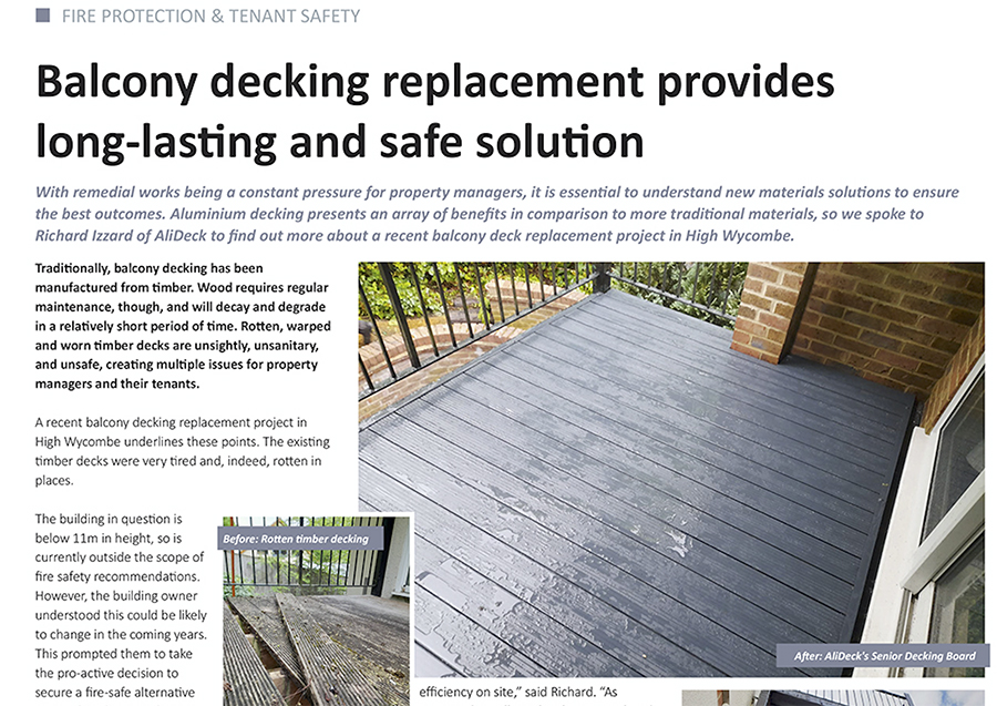 AliDeck aluminium decking fire safety remediation project in High Wycombe featured in Housing Association Magazine June 2022 issue