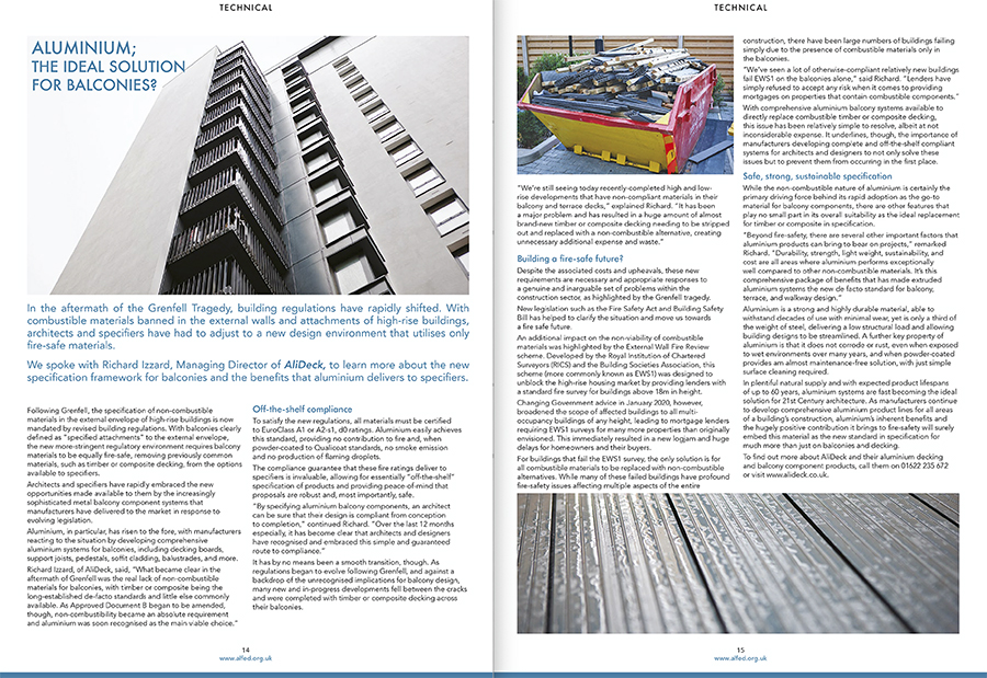 AliDeck feature in Aluminium Federation News Magazine with article titled “Aluminium: The Ideal Solution For Balconies?”