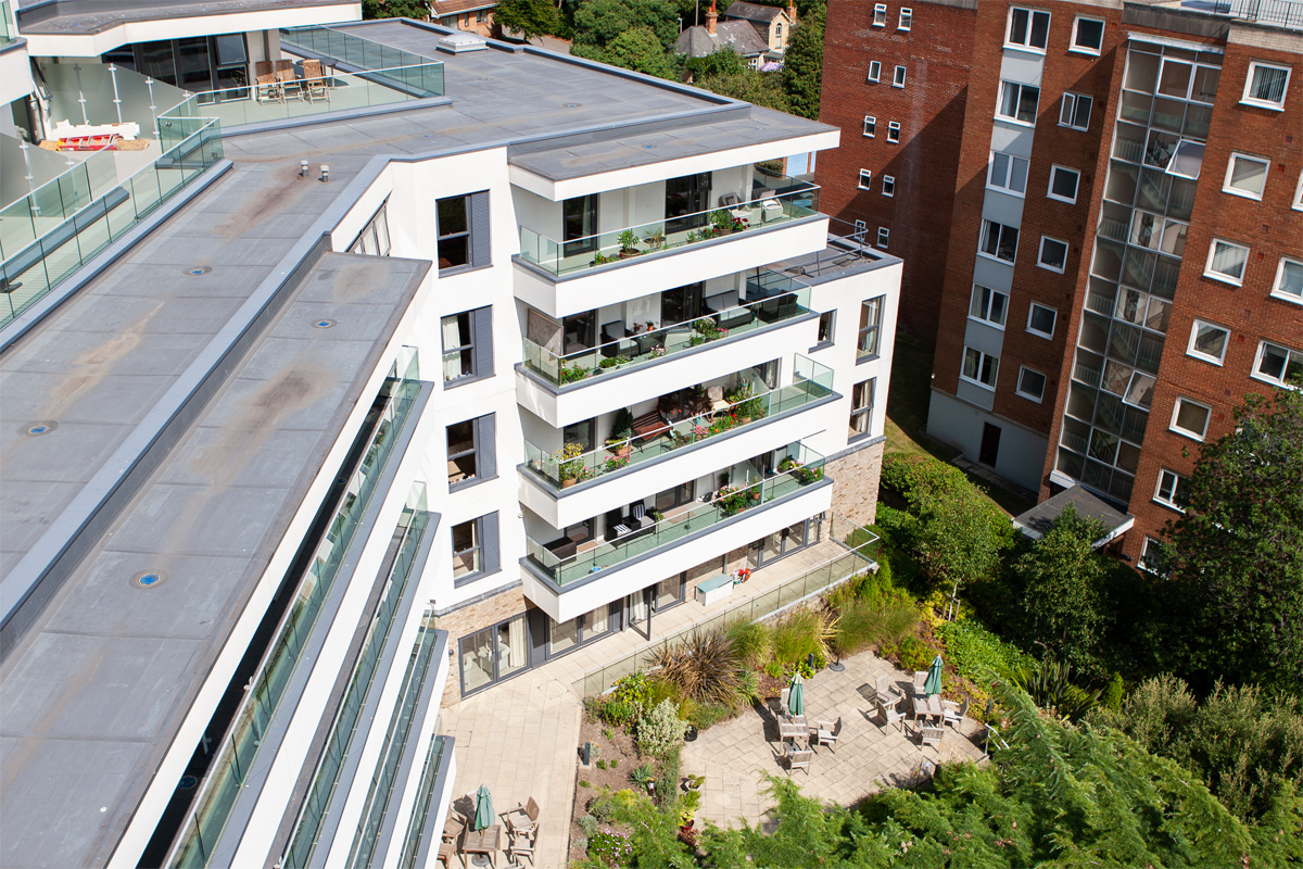 Balcony Fire Remediation Project with curved terraces and walkways at Horizon care home in Poole